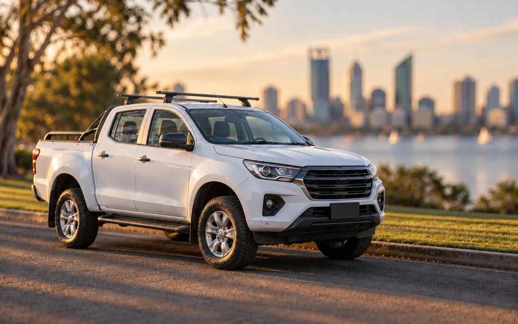 White dual-cab ute parked by the Swan River with the Perth city skyline